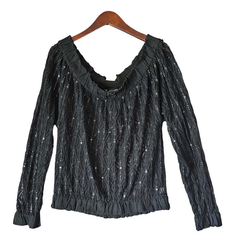 St John Evening Marie Gray Black Pointelle Sequin Blouse‎ Off Shoulder Top 12